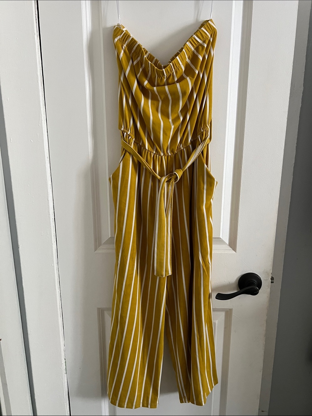 Striped Mustard Wide-Leg Jumpsuit with Tie Waist